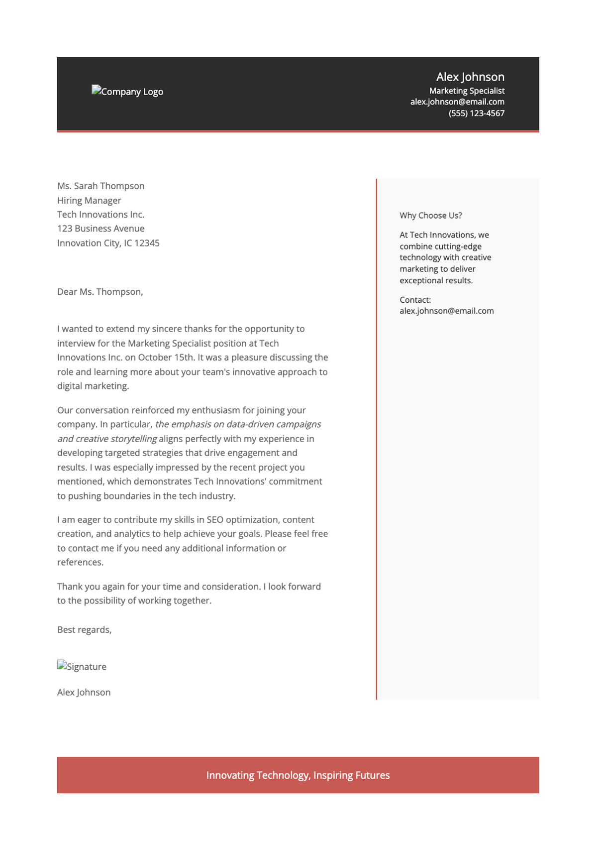Professional follow up cover letter with modern header and signature_variant_3